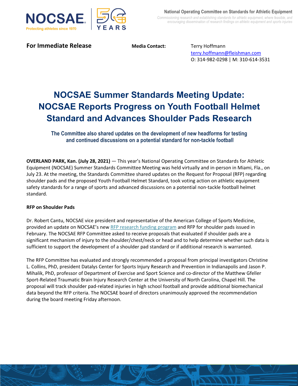NOCSAE Summer Standards Meeting Update: NOCSAE Reports Progress on Youth Football Helmet Standard and Advances Shoulder Pads Research
