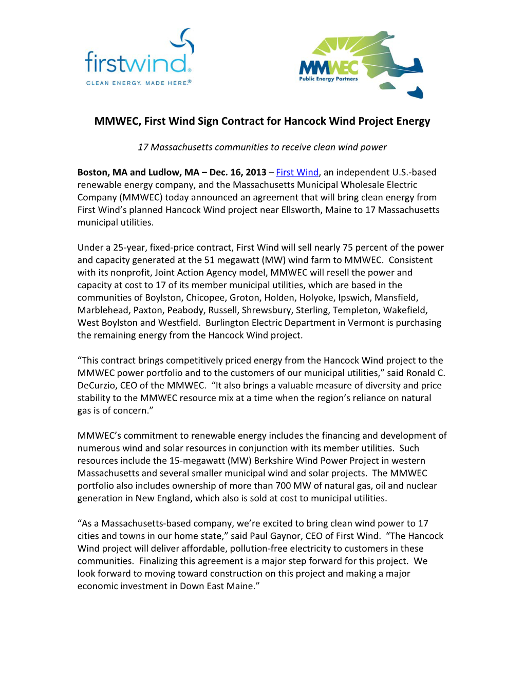 MMWEC, First Wind Sign Contract for Hancock Wind Project Energy