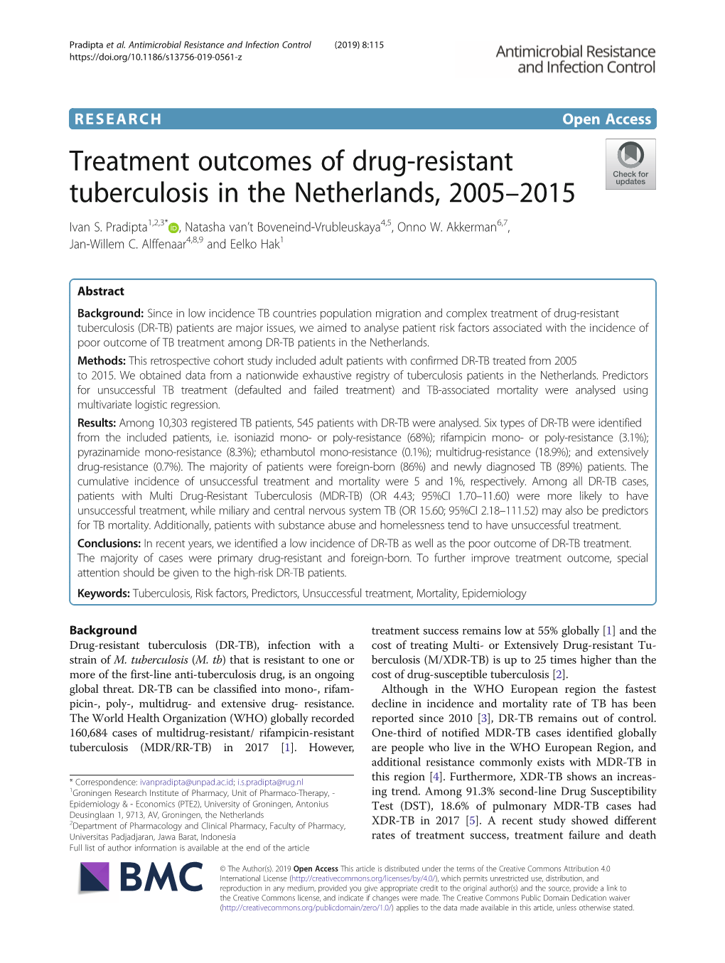 Treatment Outcomes of Drug-Resistant Tuberculosis in the Netherlands, 2005–2015 Ivan S