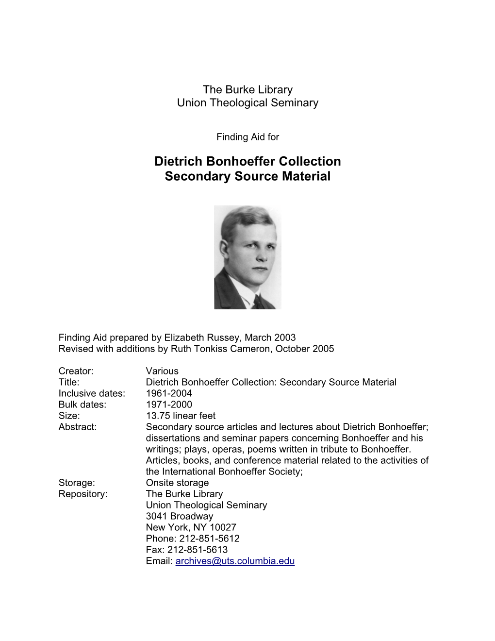 Dietrich Bonhoeffer Collection Secondary Source Material