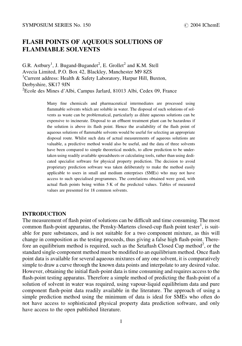 Flash Points of Aqueous Solutions of Flammable Solvents