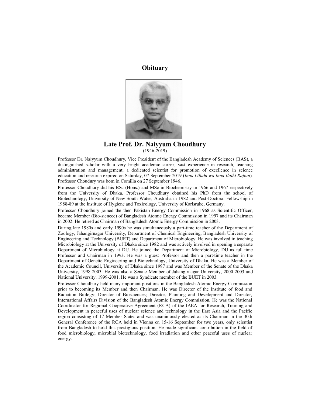 Obituary Late Prof. Dr. Naiyyum Choudhury