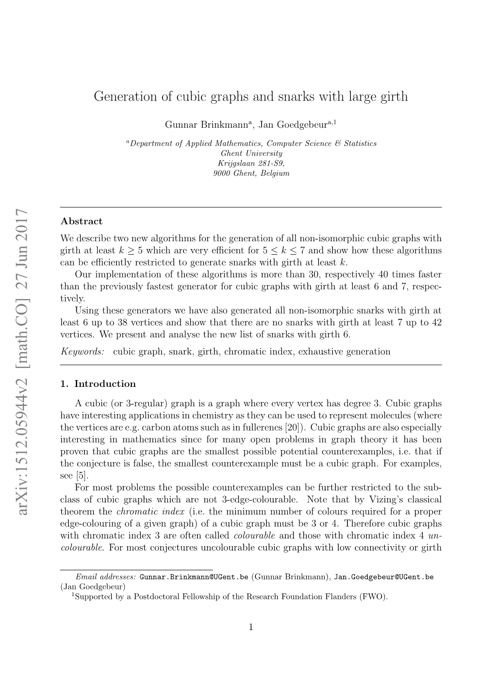 Generation of Cubic Graphs and Snarks with Large Girth