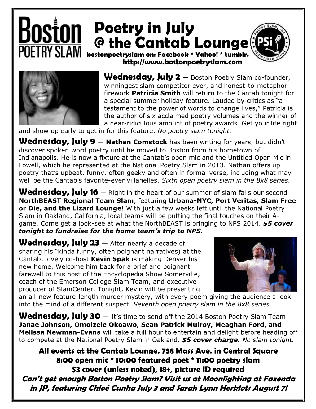 Poetry in July @ the Cantab Lounge Bostonpoetryslam On: Facebook * Yahoo! * Tumblr