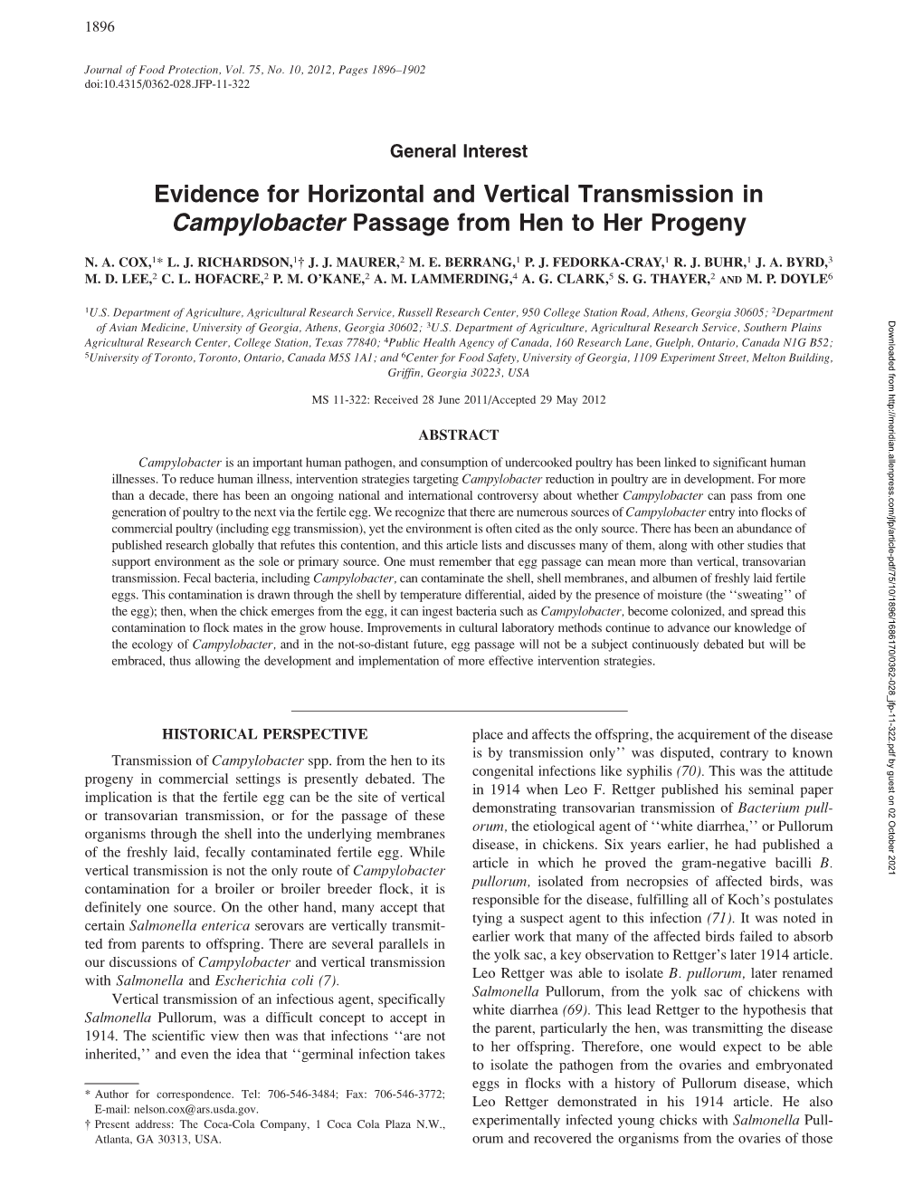 Evidence for Horizontal and Vertical Transmission in Campylobacter Passage from Hen to Her Progeny