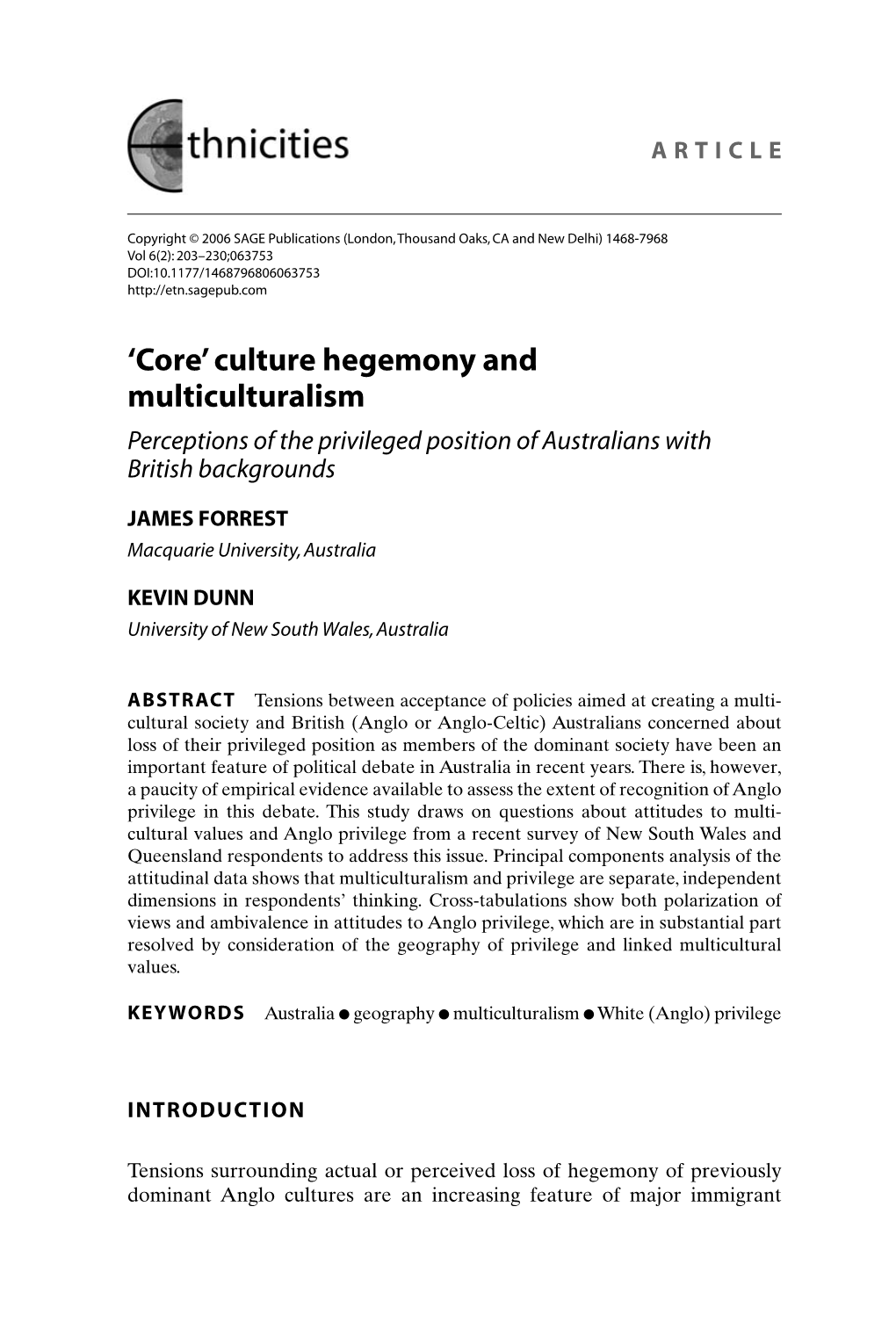 'Core' Culture Hegemony and Multiculturalism