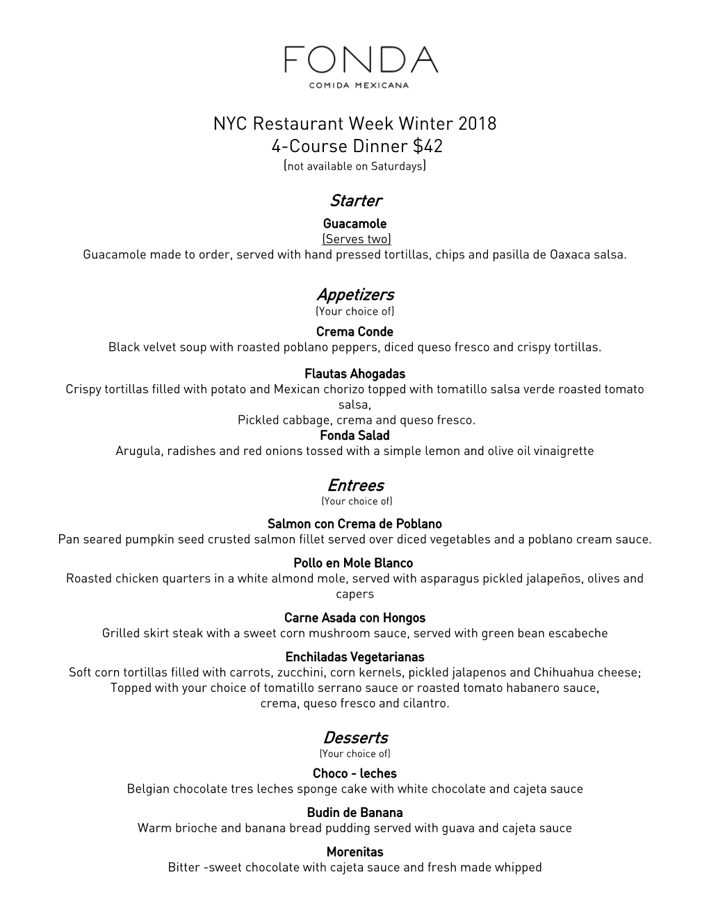 NYC Restaurant Week Winter 2018 4-Course Dinner