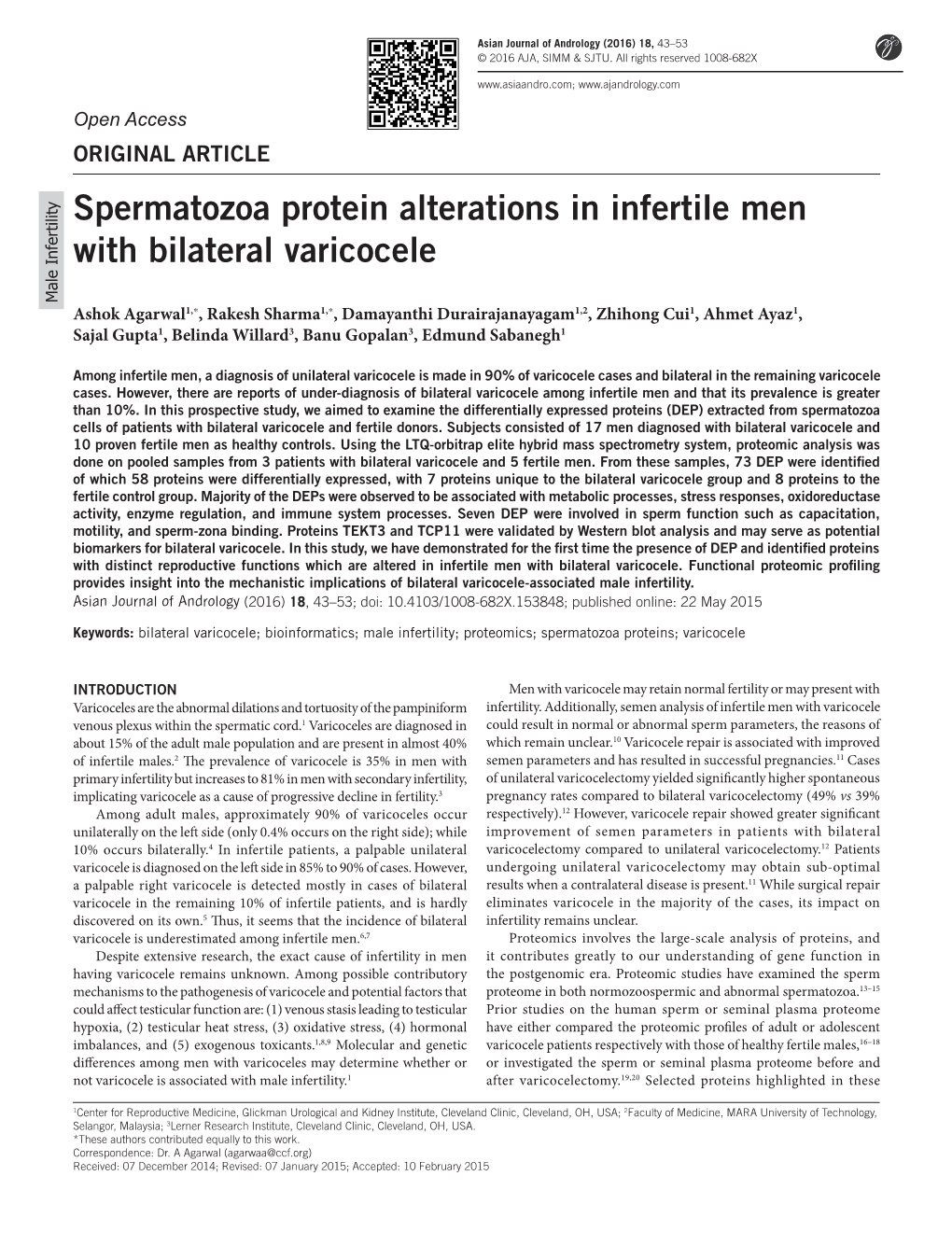Spermatozoa Protein Alterations in Infertile Men with Bilateral Varicocele