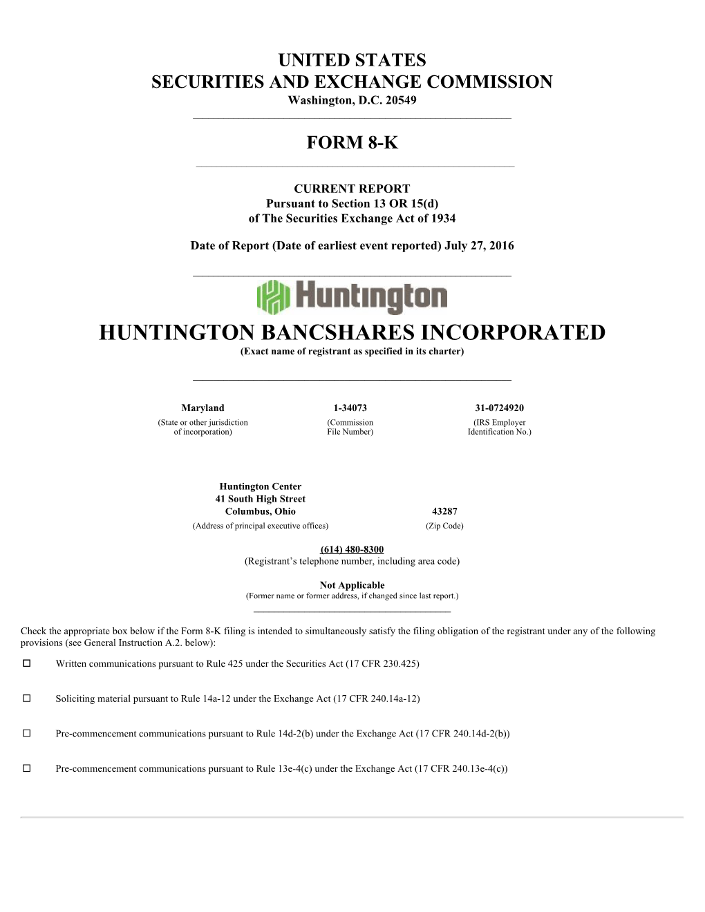 Huntington Bancshares Inc/Md