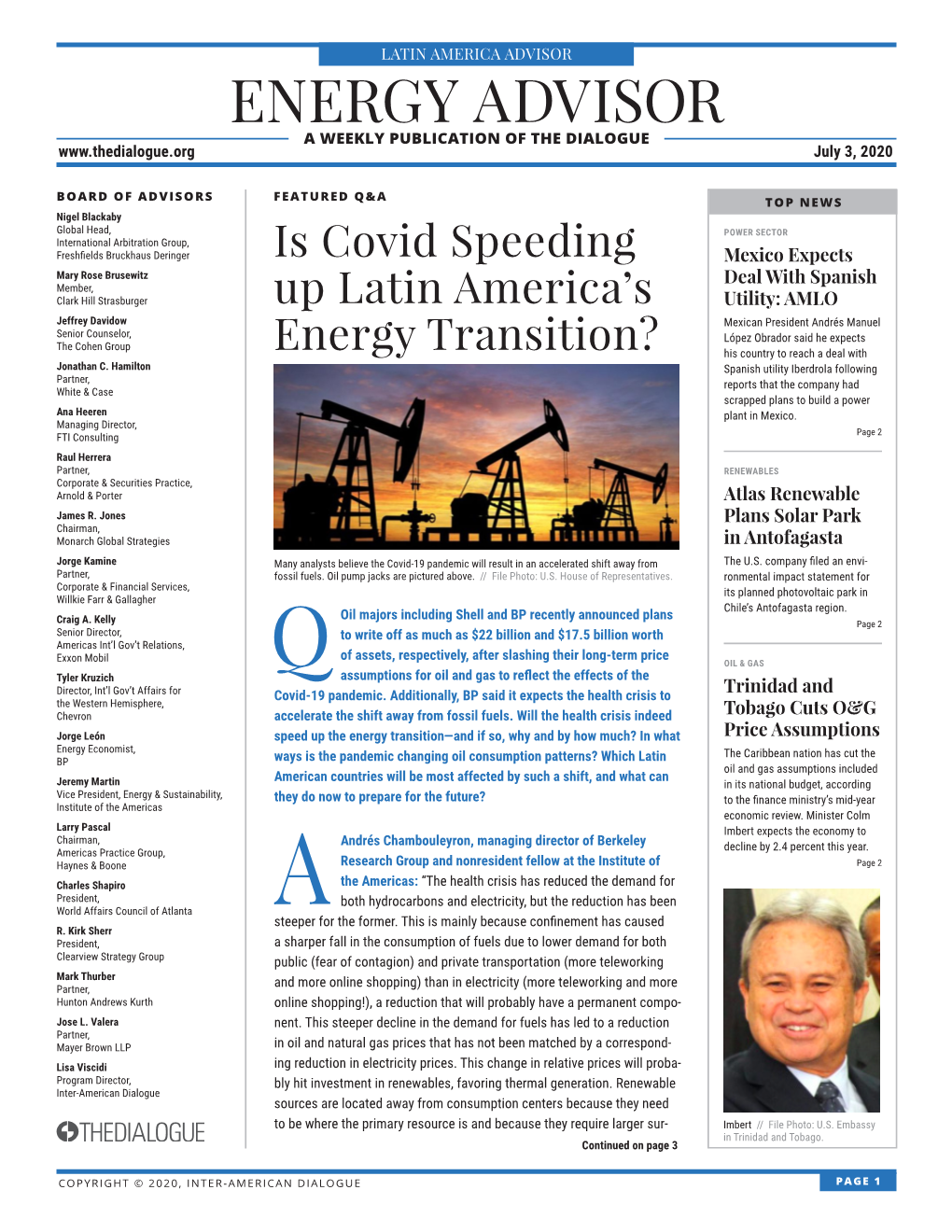 ENERGY ADVISOR a WEEKLY PUBLICATION of the DIALOGUE July 3, 2020