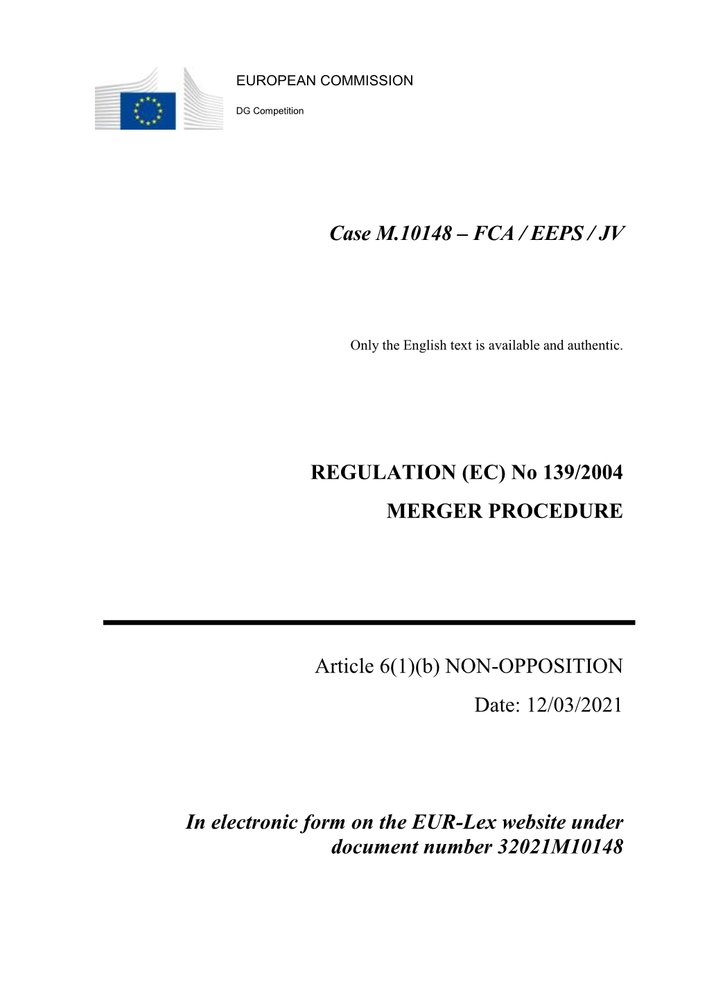 Case M.10148 – FCA / EEPS / JV REGULATION (EC)