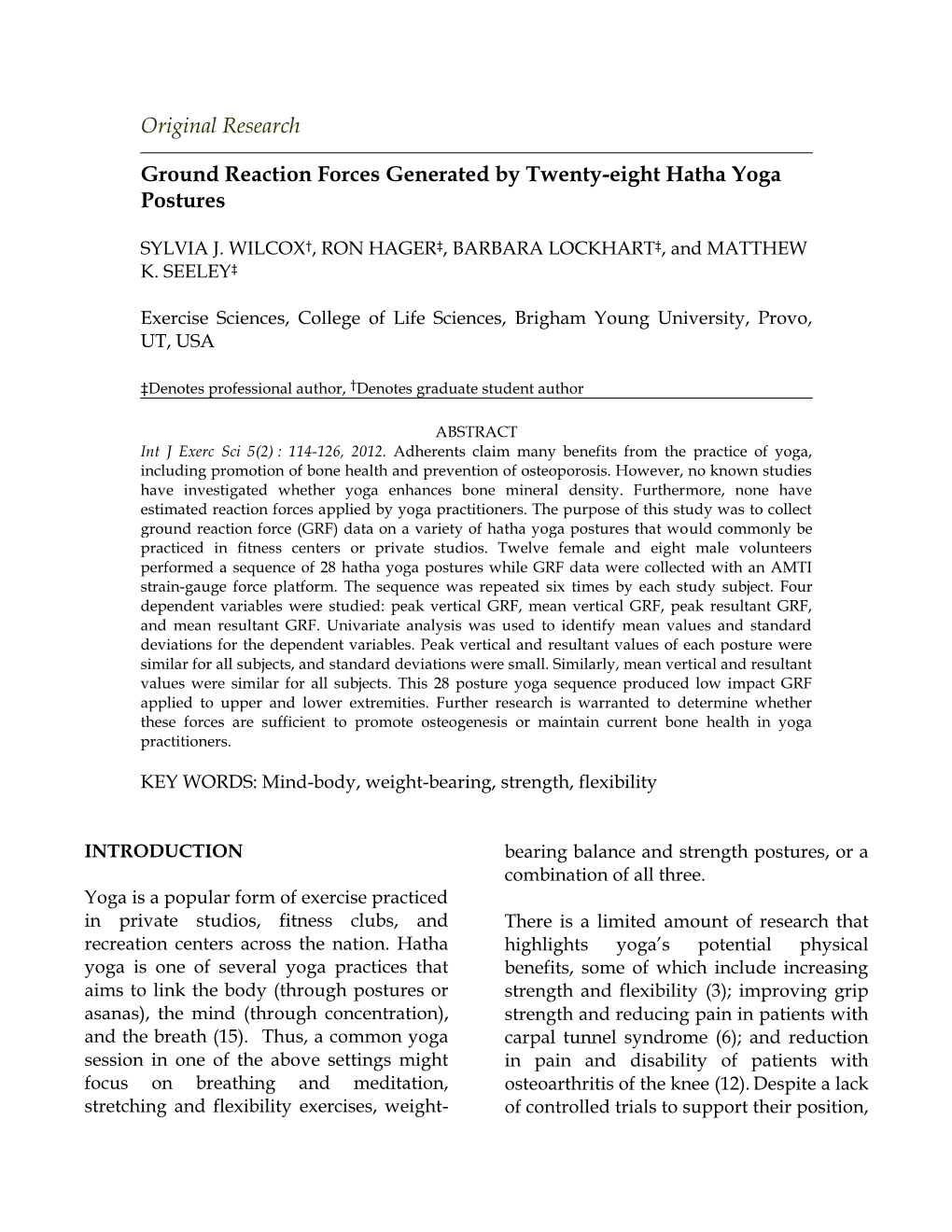 Ground Reaction Forces Generated by Twenty-Eight Hatha Yoga Postures