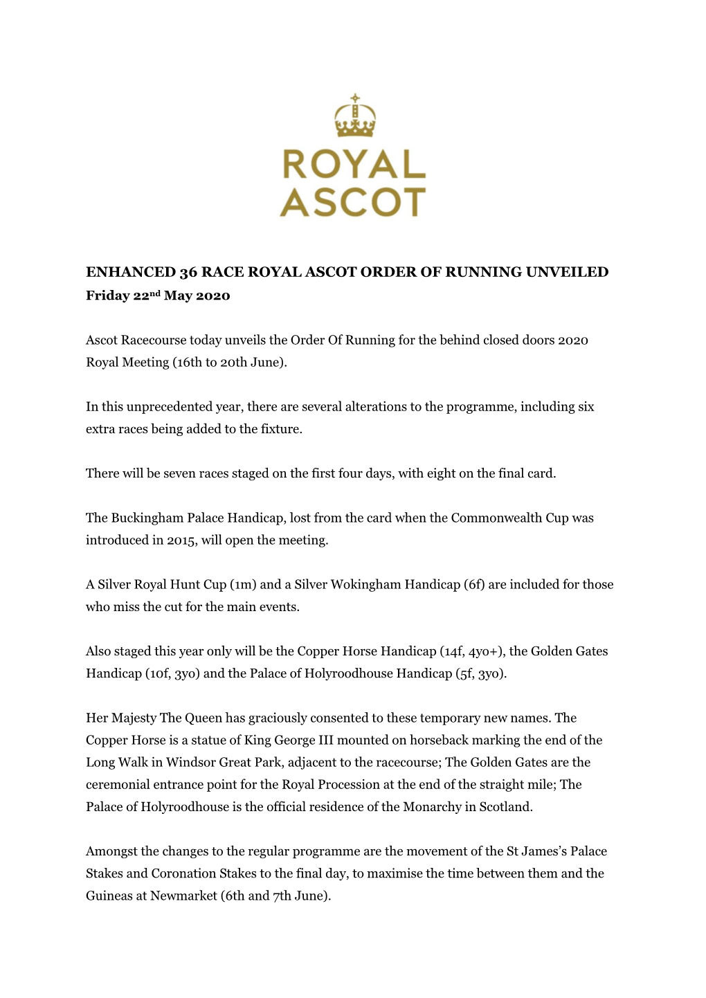 ENHANCED 36 RACE ROYAL ASCOT ORDER of RUNNING UNVEILED Friday 22Nd May 2020