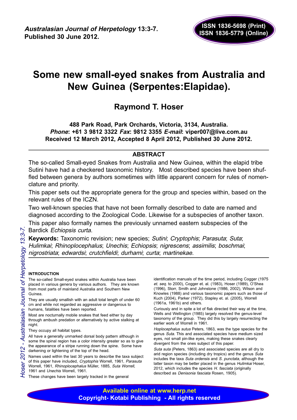Some New Small-Eyed Snakes from Australia and New Guinea (Serpentes:Elapidae)