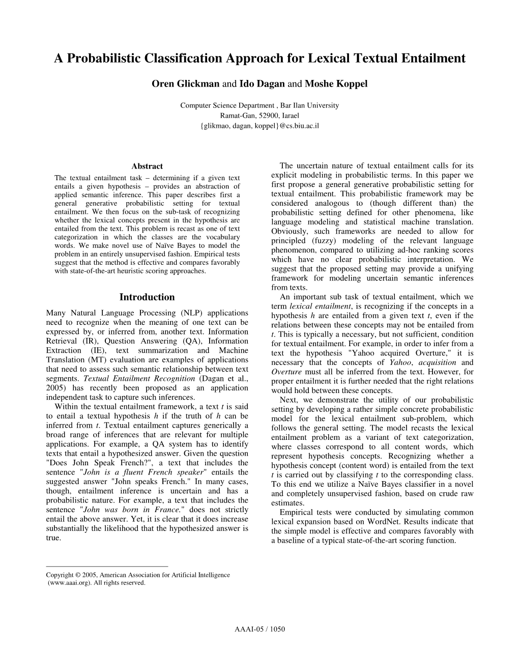 A Probabilistic Classification Approach for Lexical Textual Entailment