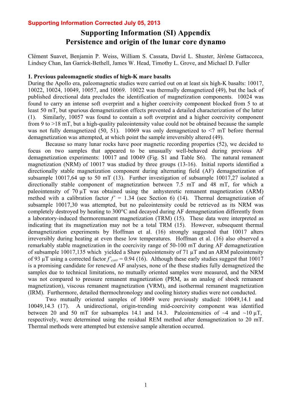 Supporting Information (SI) Appendix Persistence and Origin of the Lunar Core Dynamo