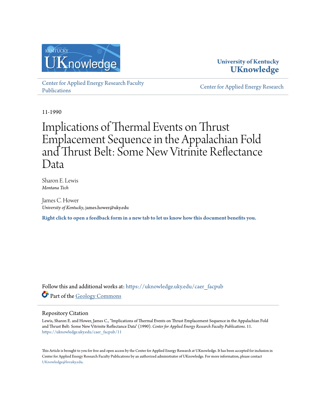 Implications of Thermal Events on Thrust Emplacement Sequence in the Appalachian Fold and Thrust Belt: Some New Vitrinite Reflectance Data Sharon E