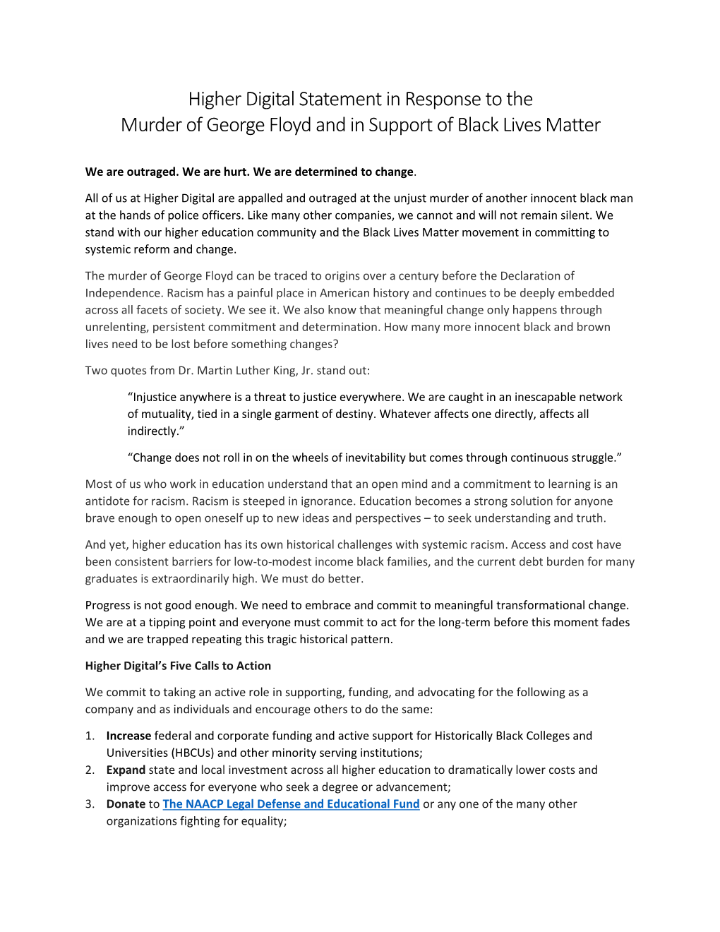 Higher Digital Statement in Response to the Murder of George Floyd and in Support of Black Lives Matter