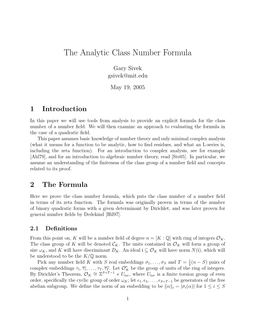 The Analytic Class Number Formula