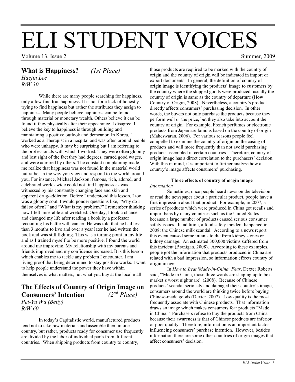 ELI STUDENT VOICES Volume 13, Issue 2 Summer, 2009