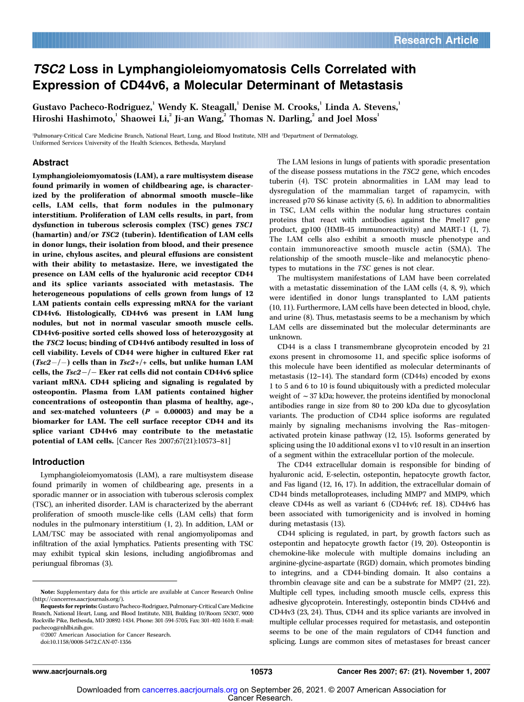 TSC2 Loss in Lymphangioleiomyomatosis Cells Correlated with Expression of Cd44v6, a Molecular Determinant of Metastasis