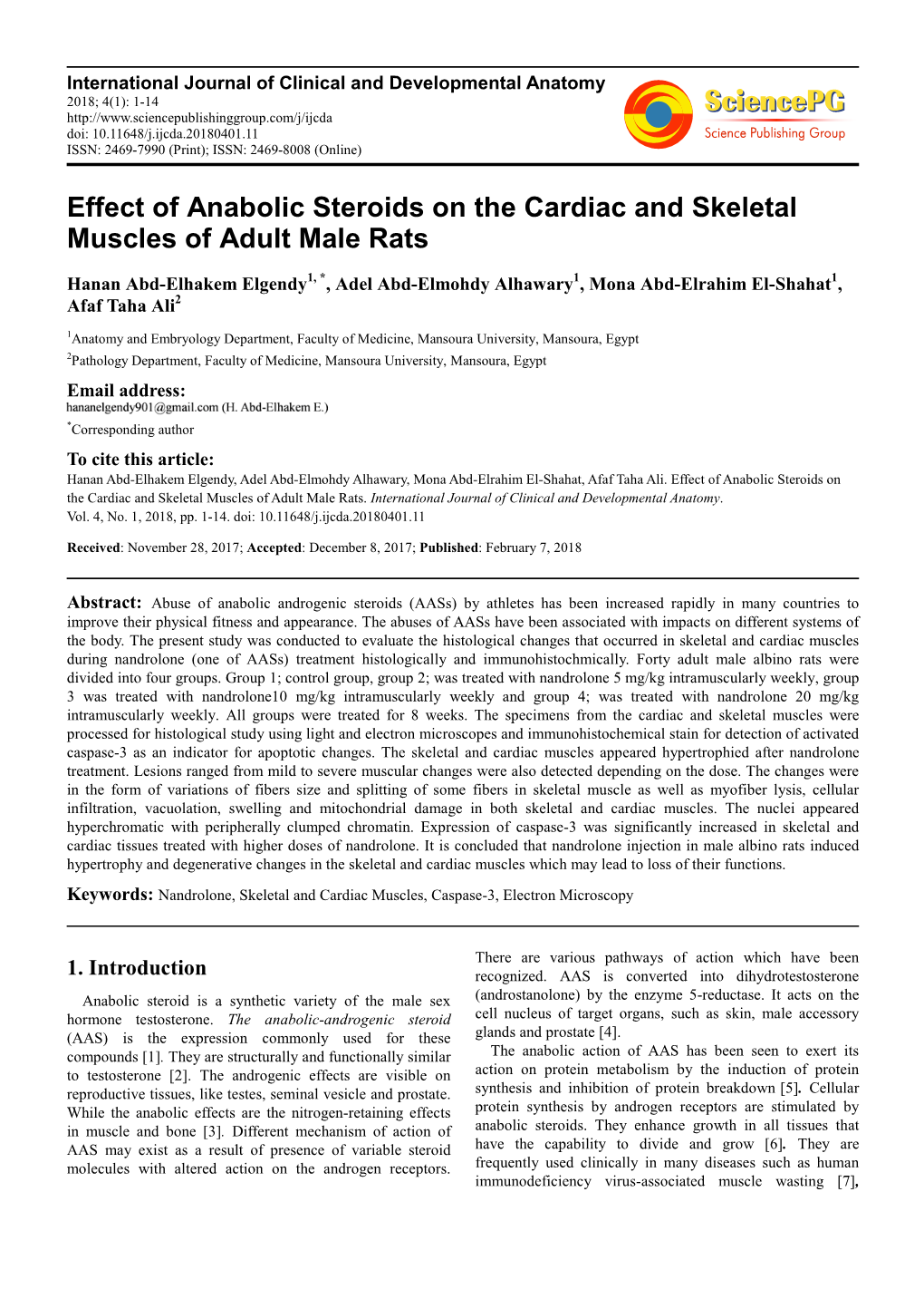 Effect of Anabolic Steroids on the Cardiac and Skeletal Muscles of Adult Male Rats