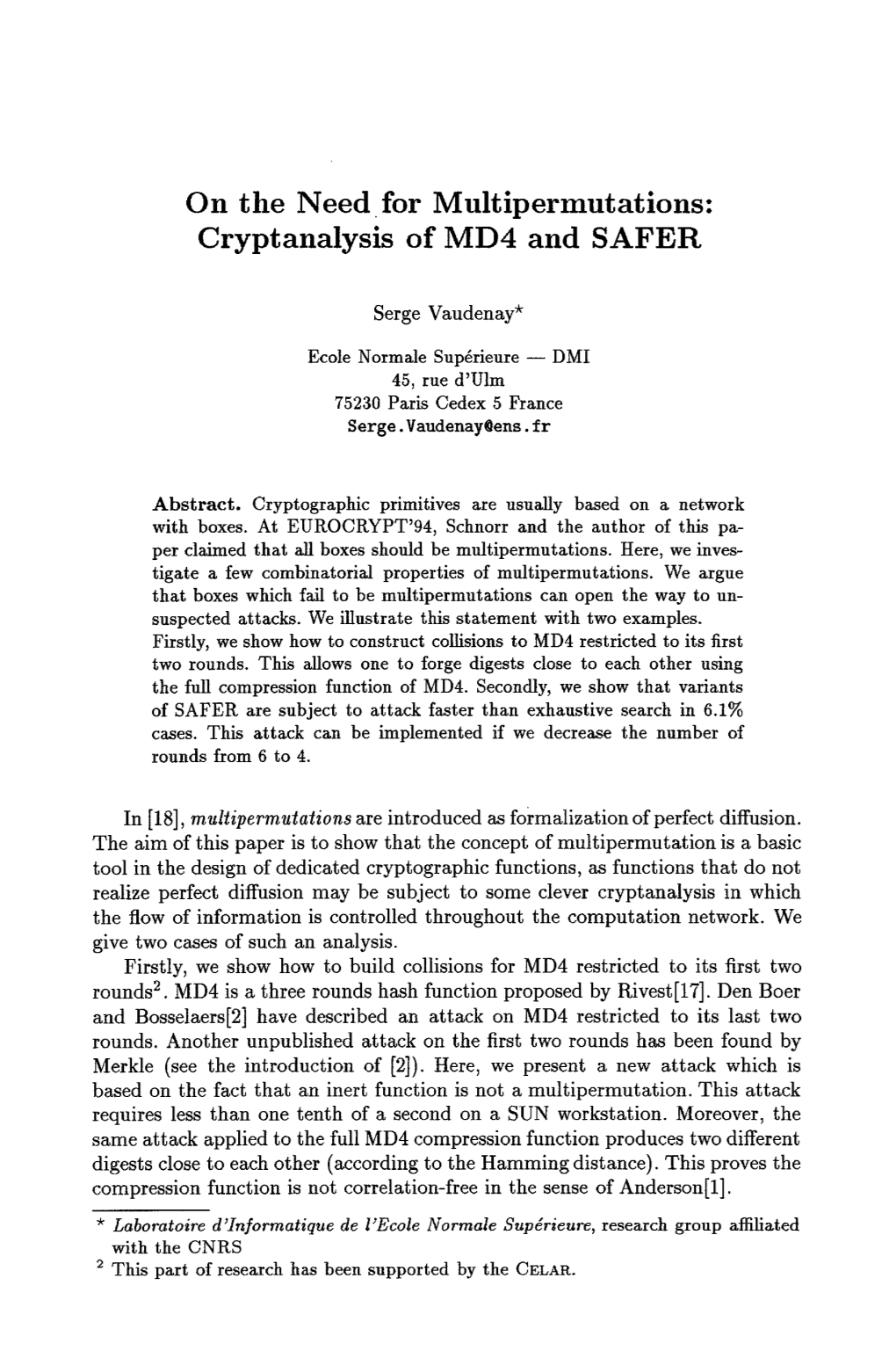 On the Need for Multipermutations: Cryptanalysis of MD4 and SAFER