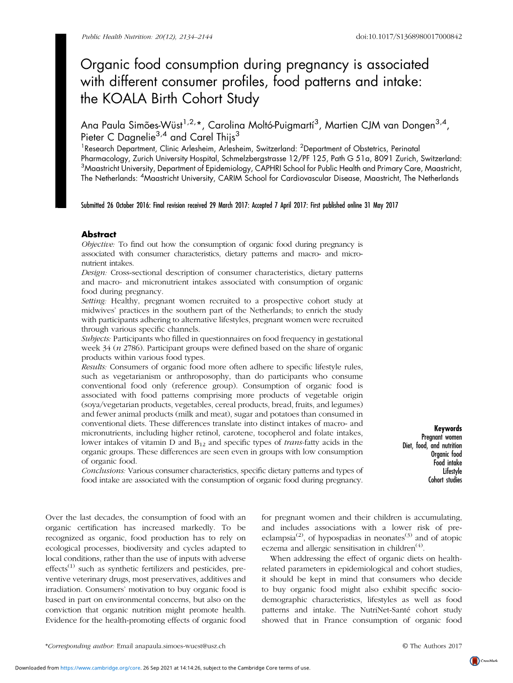 Organic Food Consumption During Pregnancy Is Associated with Different Consumer Proﬁles, Food Patterns and Intake: the KOALA Birth Cohort Study