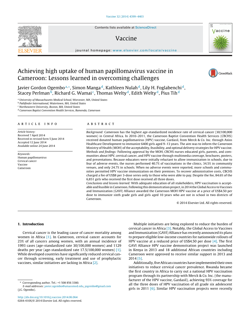 Achieving High Uptake of Human Papillomavirus Vaccine in Cameroon