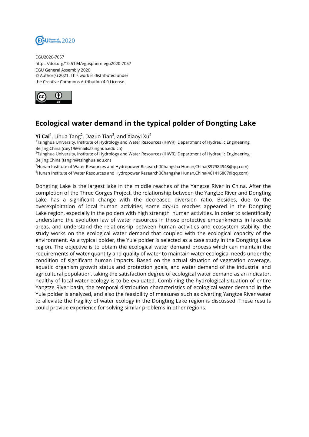 Ecological Water Demand in the Typical Polder of Dongting Lake