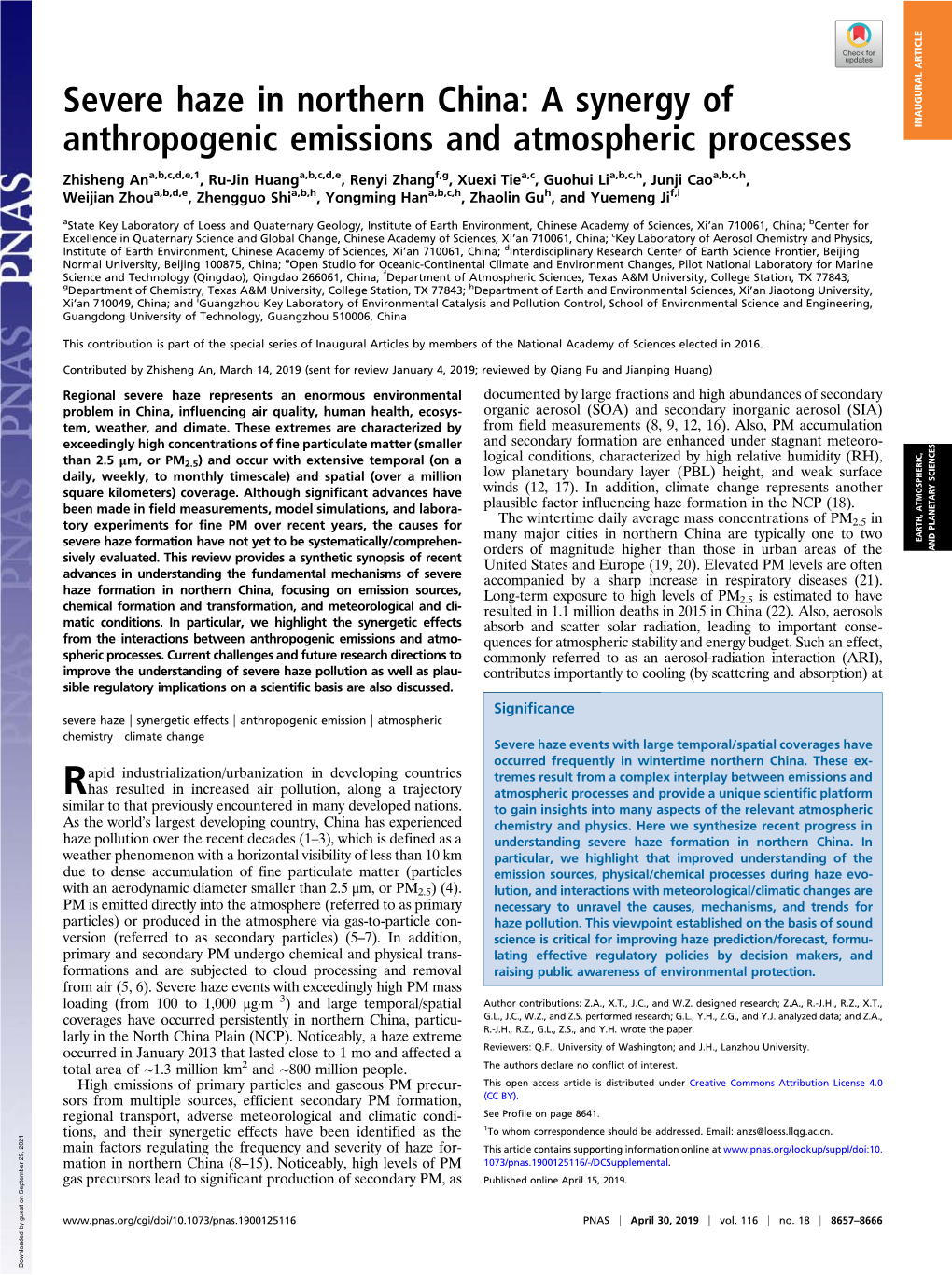 Severe Haze in Northern China: a Synergy of Anthropogenic Emissions and Atmospheric Processes INAUGURAL ARTICLE