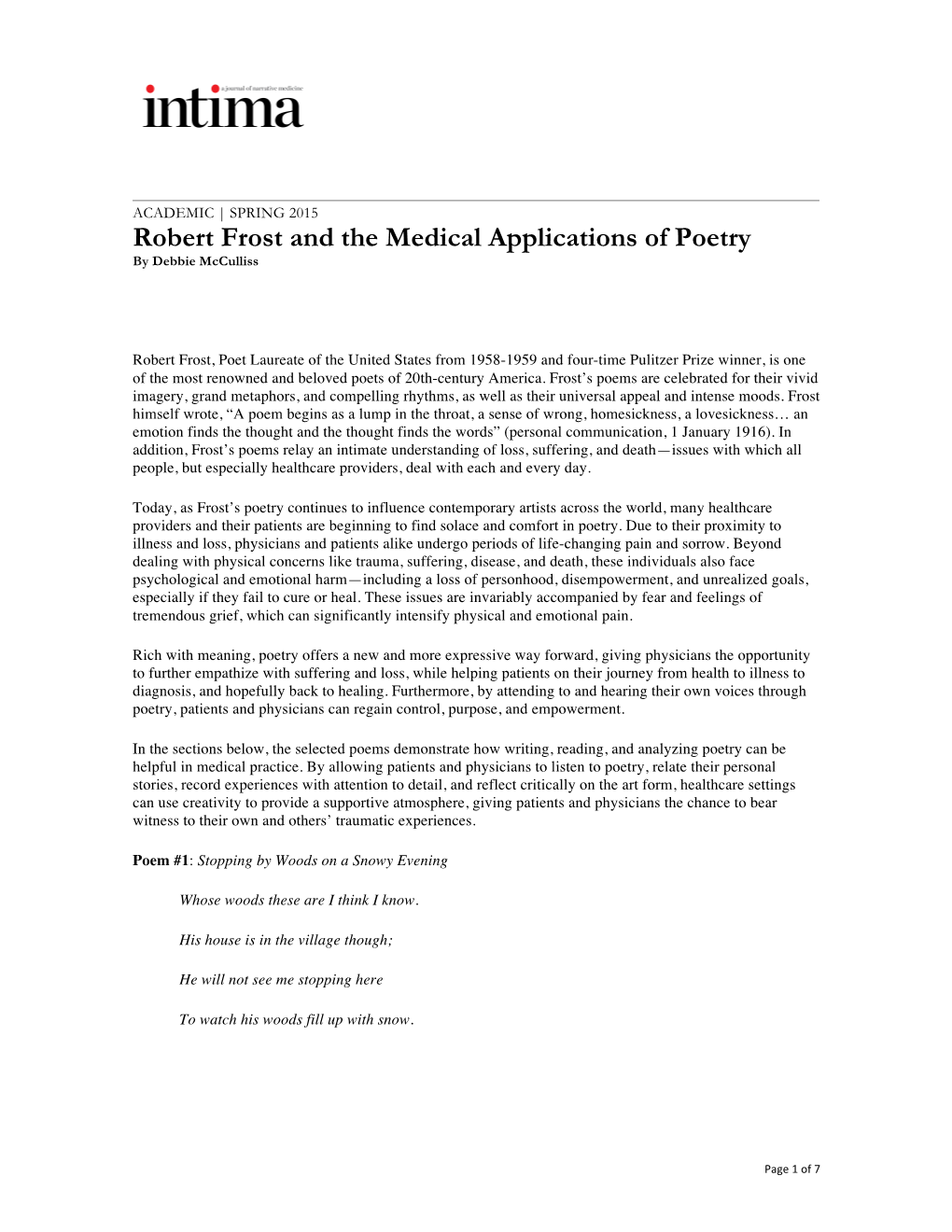 Robert Frost and the Medical Applications of Poetry by Debbie Mcculliss