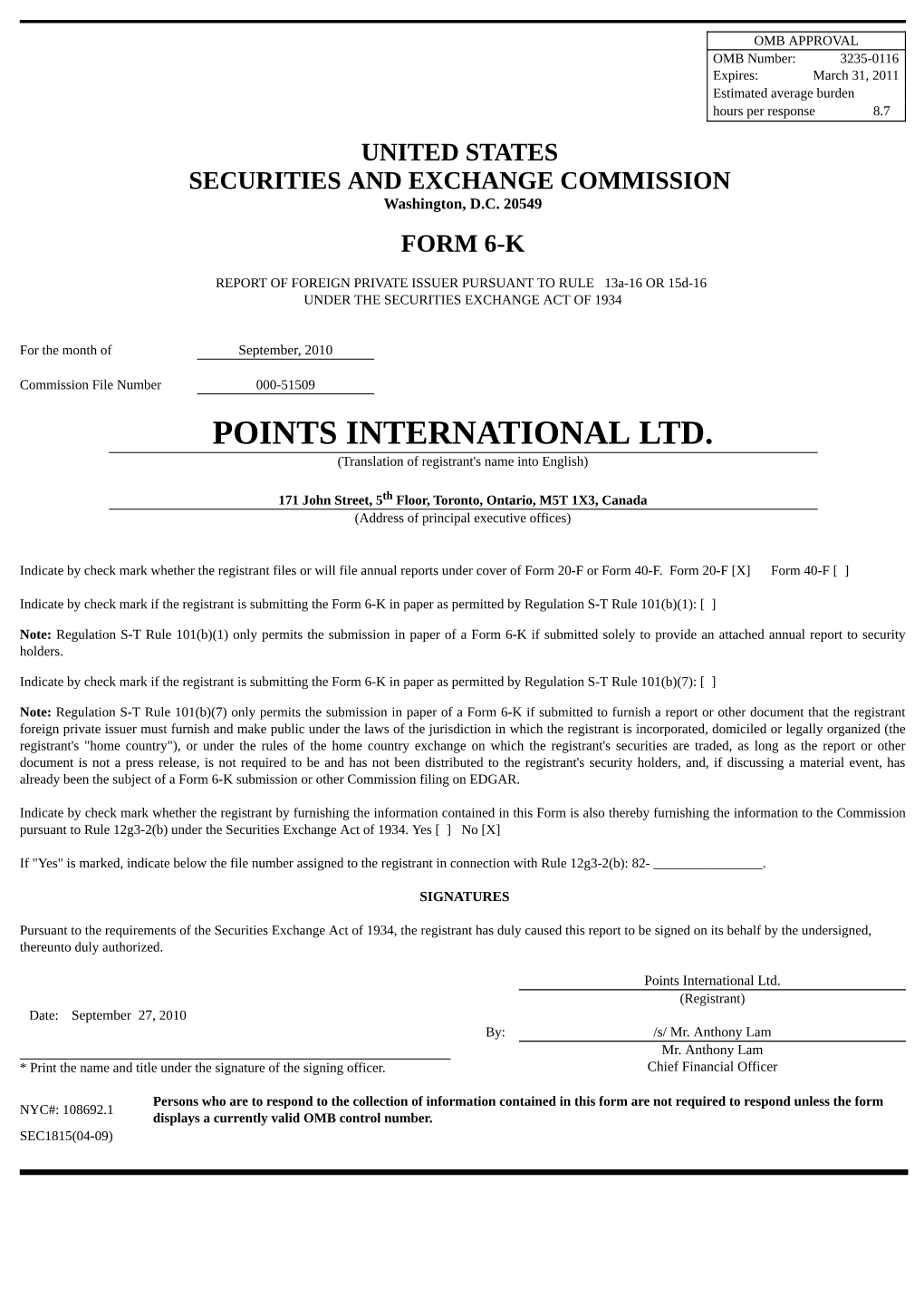 POINTS INTERNATIONAL LTD. (Translation of Registrant's Name Into English)