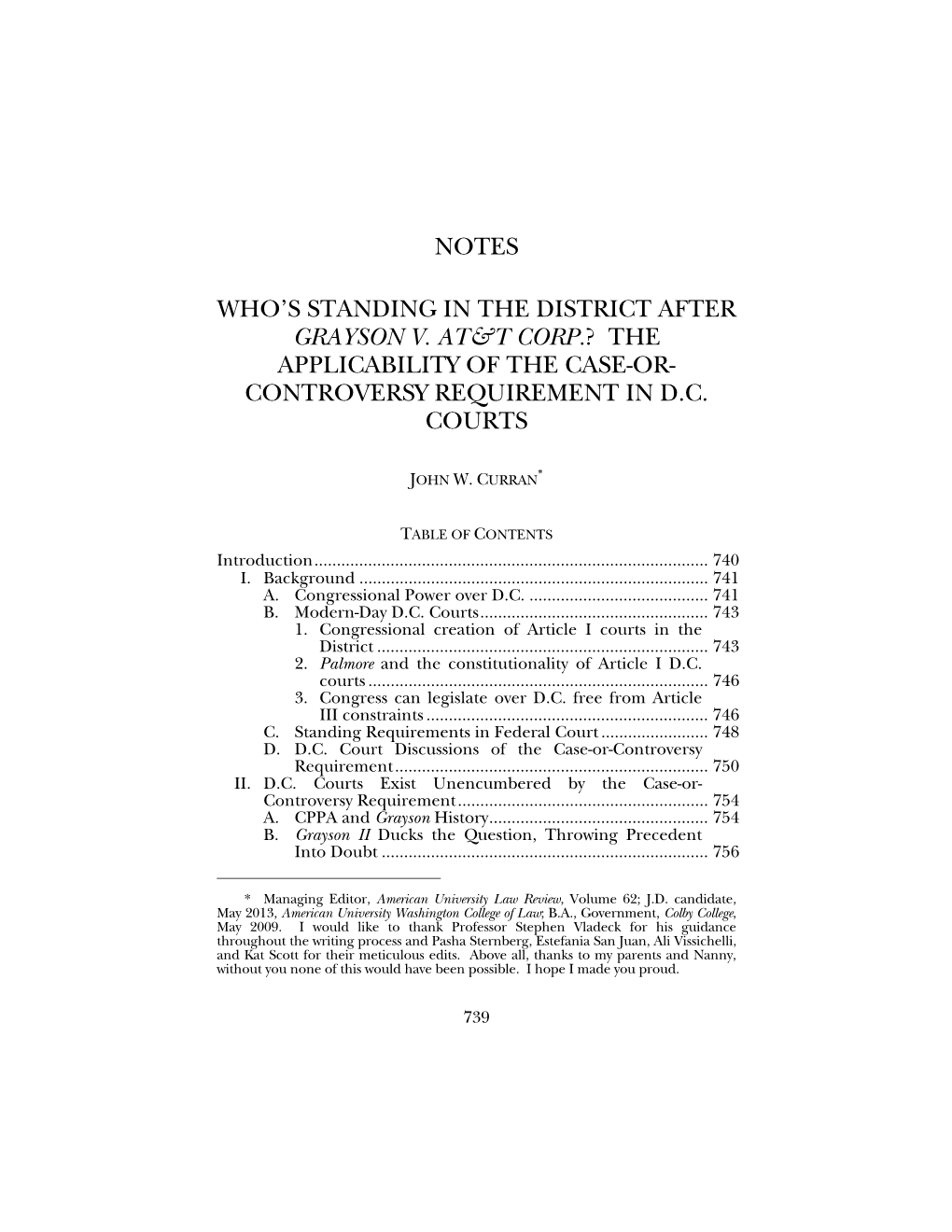 Notes Who's Standing in the District After Grayson V. At&T Corp.? the Applicability of the Case-Or- Controversy Requireme