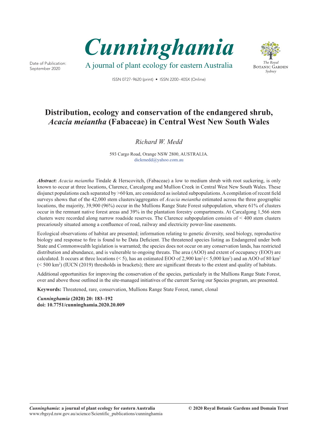 Distribution, Ecology and Conservation of the Endangered Shrub, Acacia Meiantha (Fabaceae) in Central West New South Wales