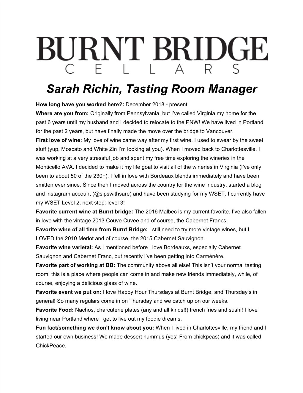Sarah Richin, Tasting Room Manager