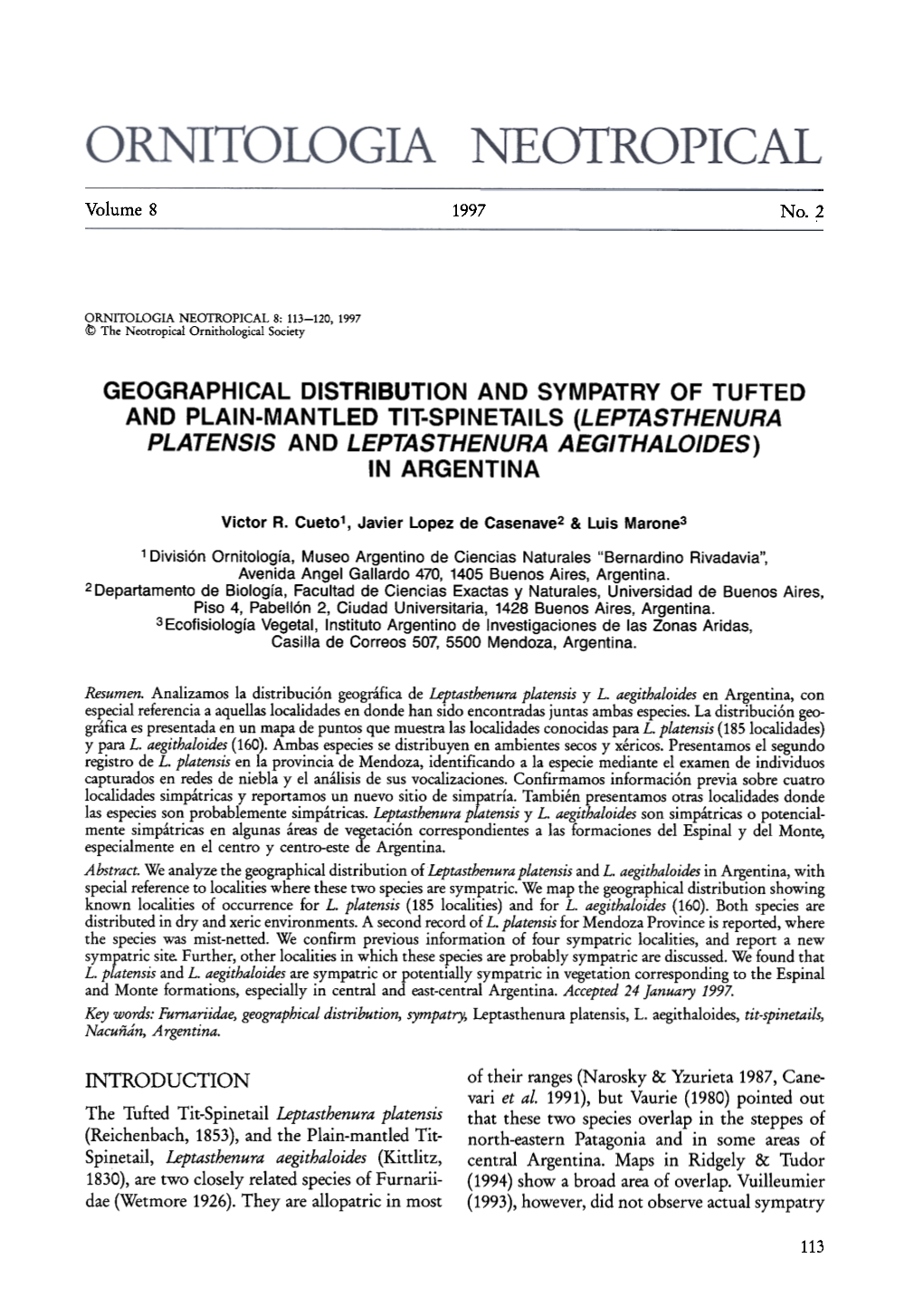 Geographical Distribution and Sympatry of Tufted and Plain-Mantled Tit-Spinetails (Leptasthenura Platensis and Leptasthenura Aegithaloides) in Argentina