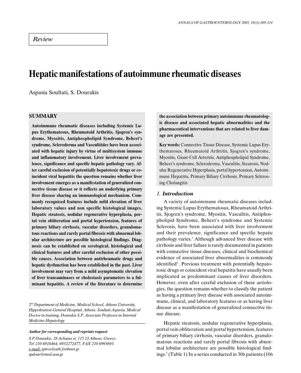 Hepatic Manifestations of Autoimmune Rheumatic Diseases ANNALS of GASTROENTEROLOGY 2005, 18(3):309-324309