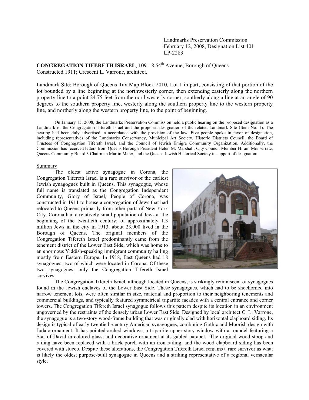 Landmarks Preservation Commission February 12, 2008, Designation List 401 LP-2283 CONGREGATION TIFERETH ISRAEL, 109-18 54Th Aven