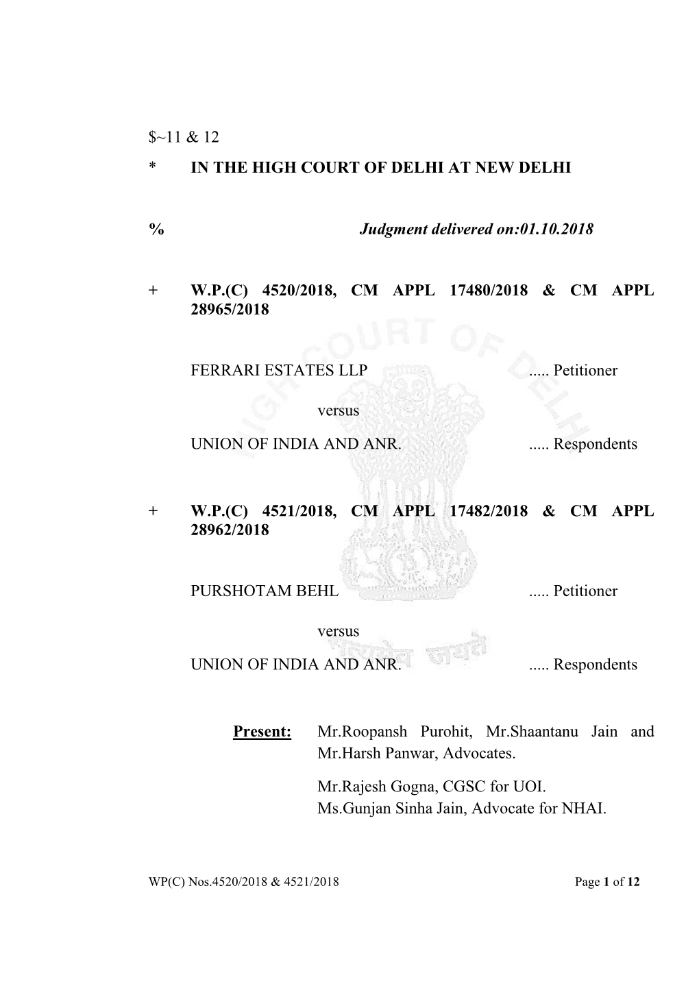 $~11 & 12 * in the HIGH COURT of DELHI at NEW DELHI % Judgment