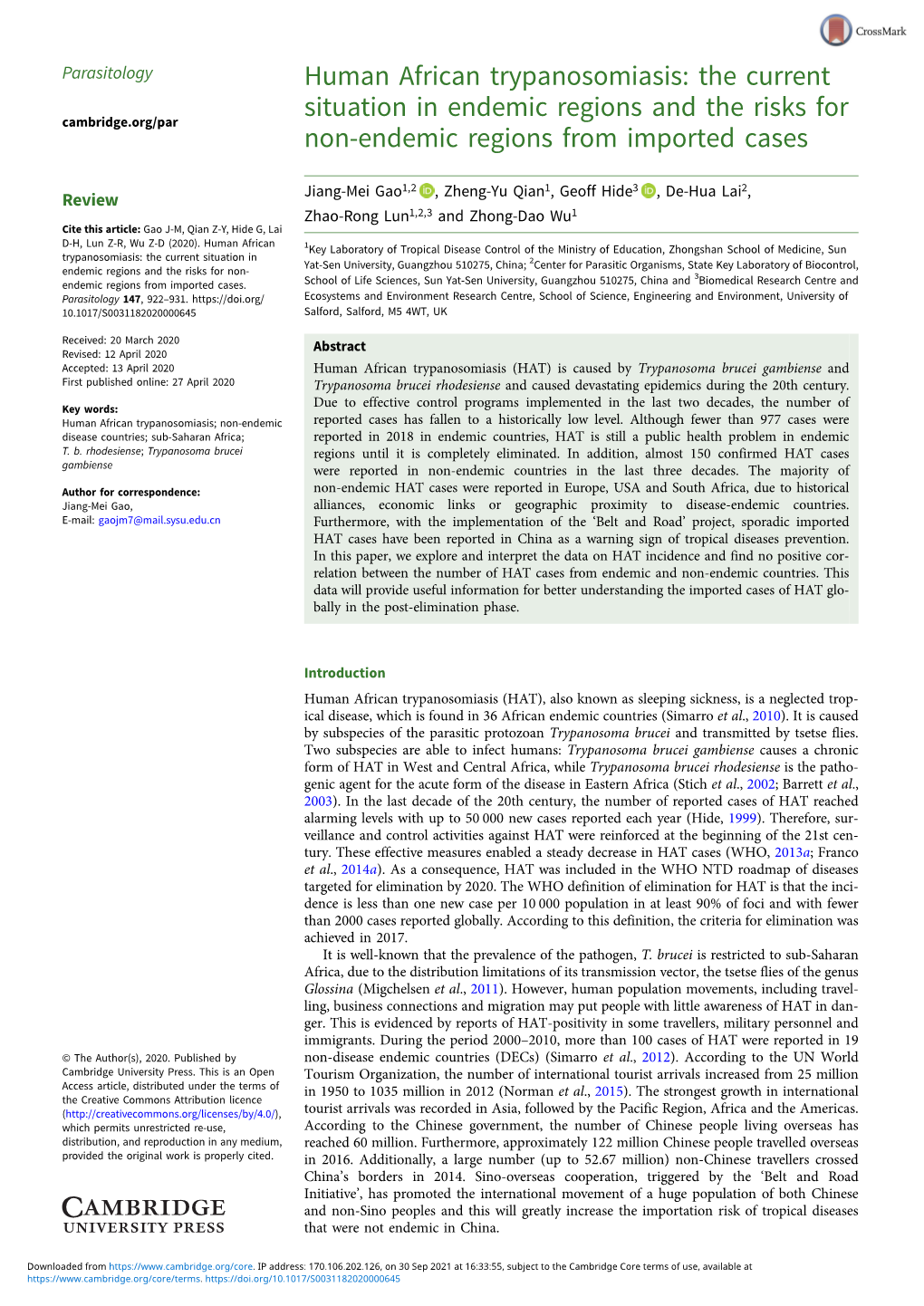 Human African Trypanosomiasis: the Current Situation in Endemic Regions and the Risks for Cambridge.Org/Par Non-Endemic Regions from Imported Cases