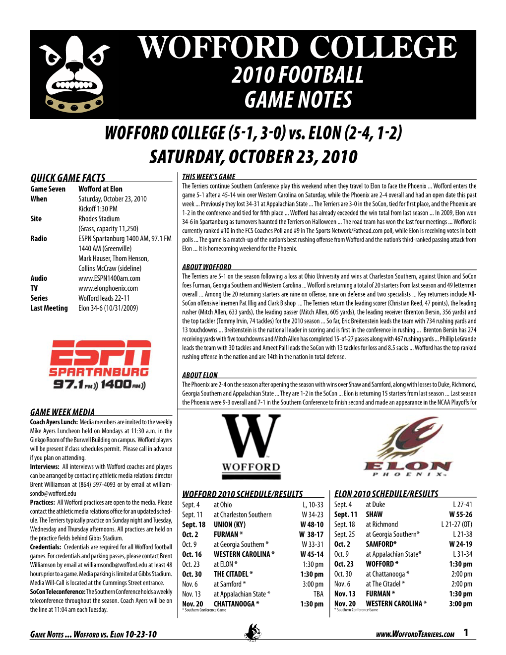 Wofford College 2010 Football Game Notes Wofford College (5-1, 3-0) Vs