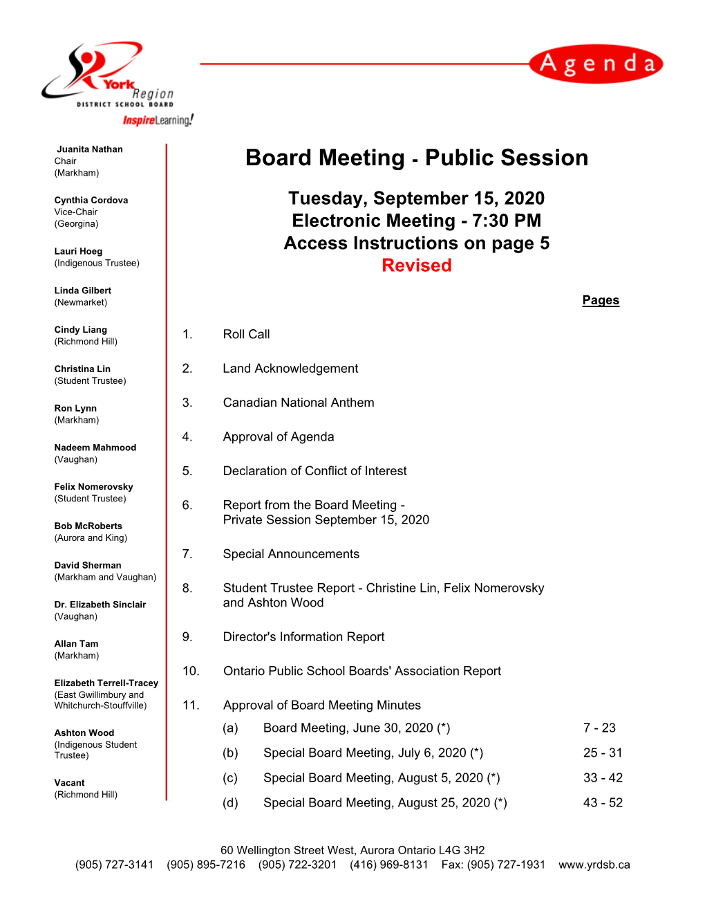 Board Meeting - Public Session (Markham)