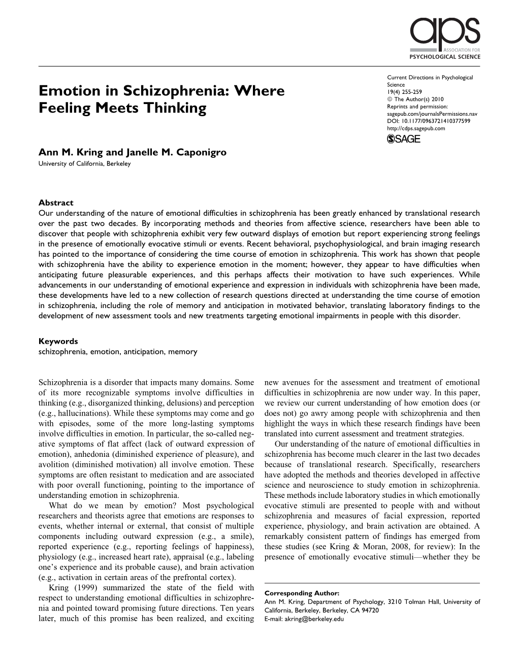 Emotion in Schizophrenia: Where Feeling Meets Thinking