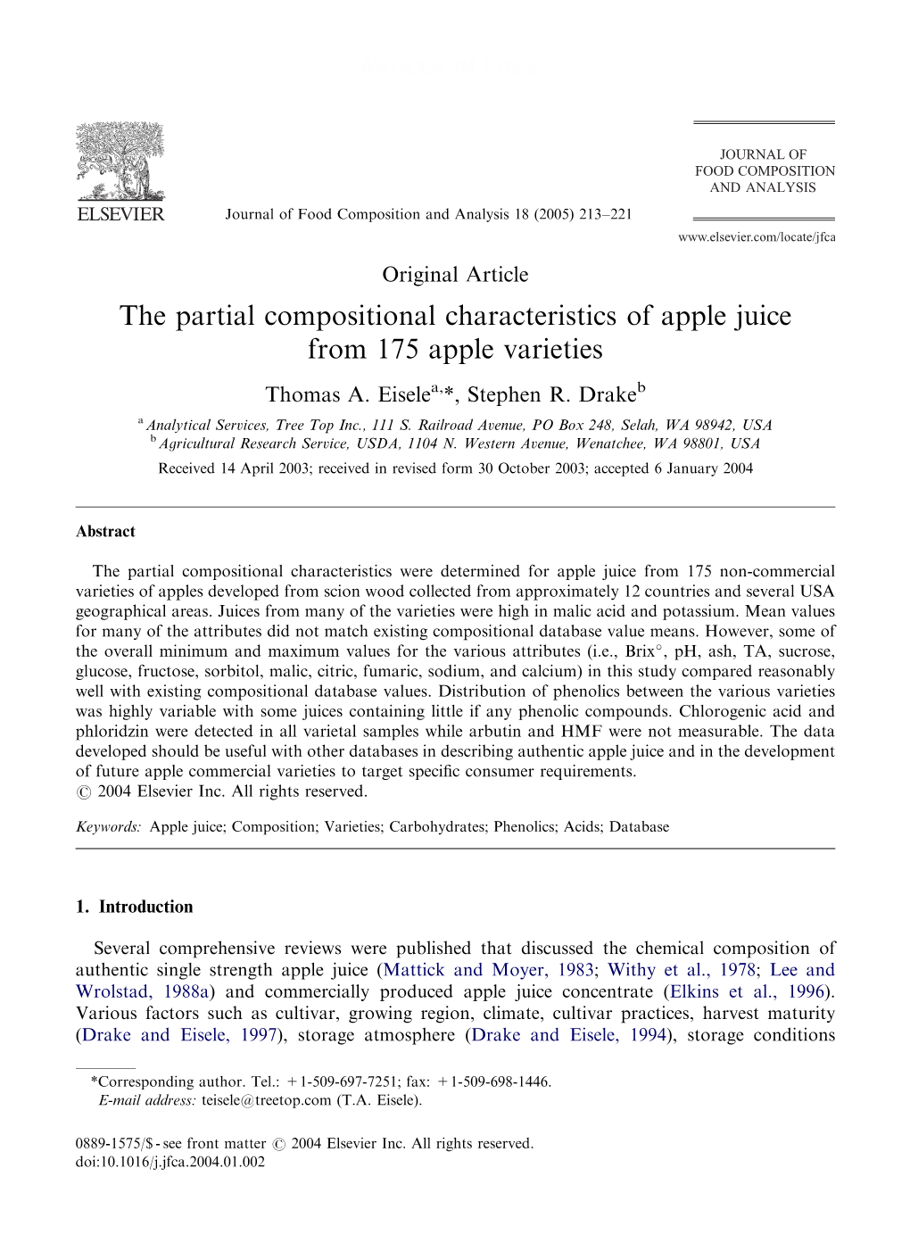 The Partial Compositional Characteristics of Apple Juice from 175 Apple Varieties Thomas A