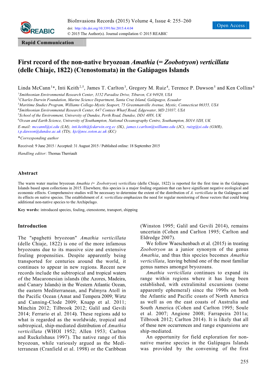 First Record of the Non-Native Bryozoan Amathia (= Zoobotryon) Verticillata (Delle Chiaje, 1822) (Ctenostomata) in the Galápagos Islands