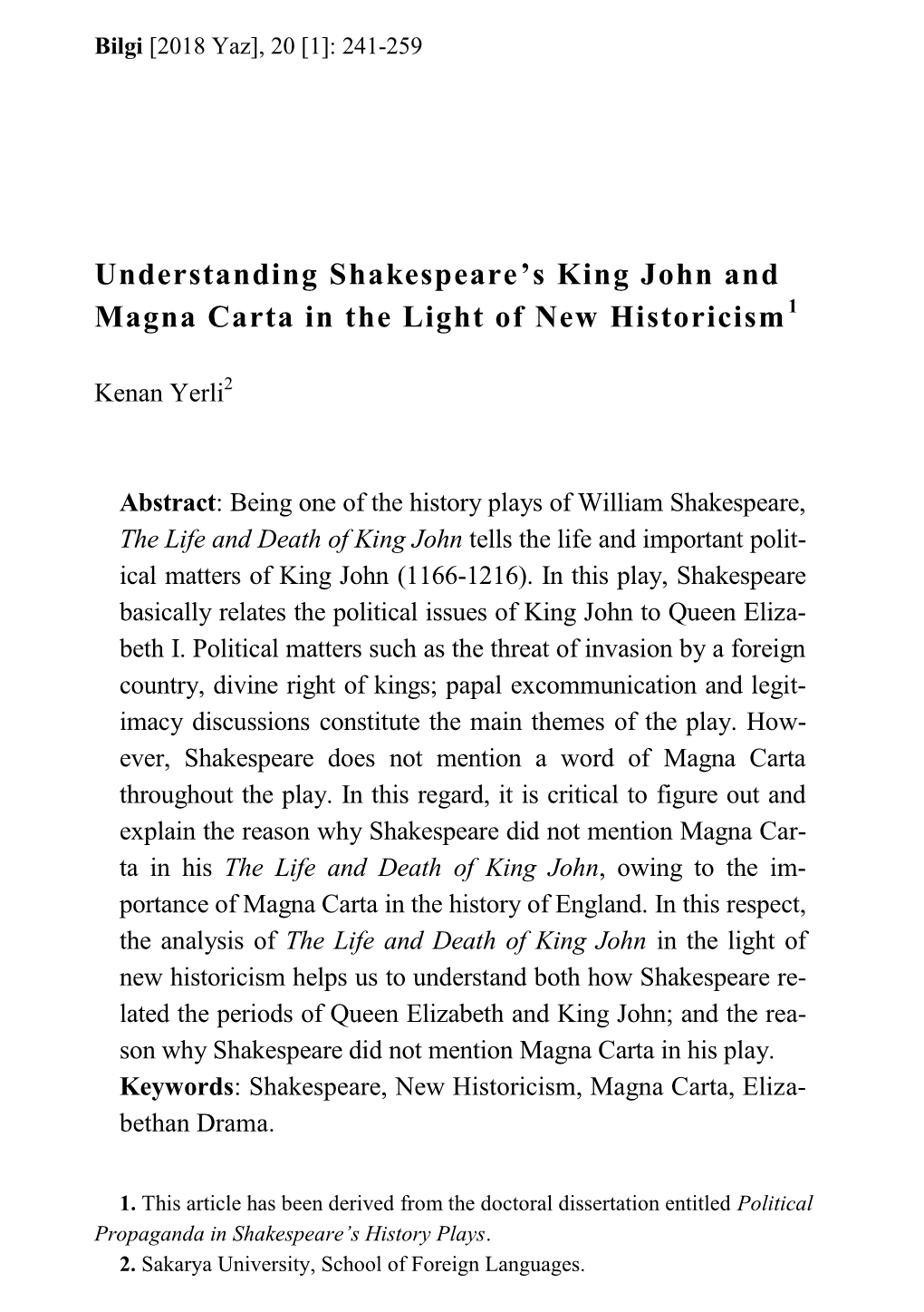 Understanding Shakespeare's King John and Magna Carta in the Light