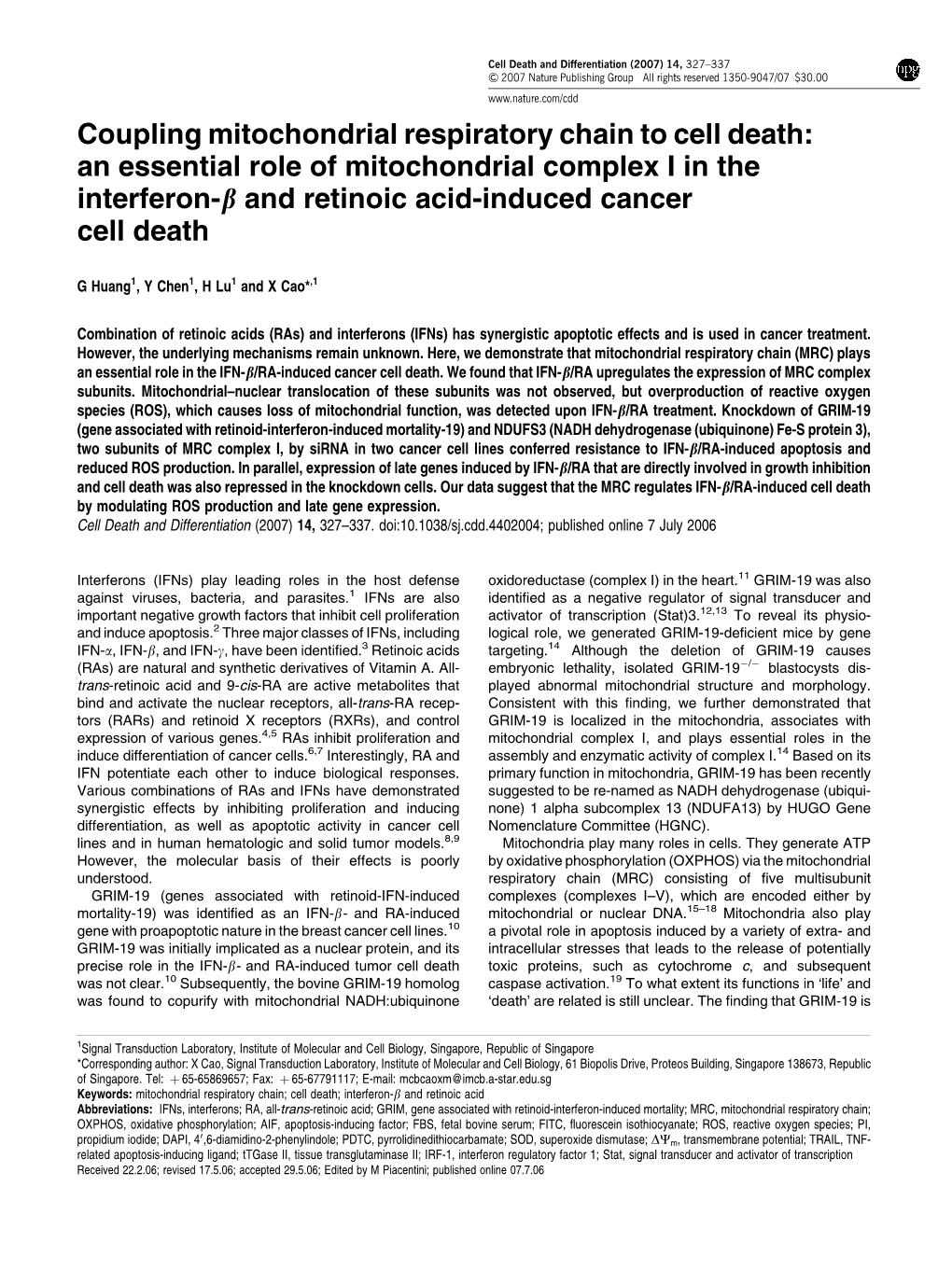 Coupling Mitochondrial Respiratory Chain to Cell Death: an Essential Role of Mitochondrial Complex I in the Interferon-B and Retinoic Acid-Induced Cancer Cell Death