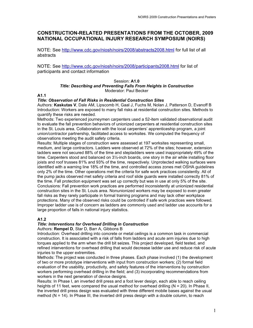 Construction-Related Presentations from the October, 2009 National Occupational Injury Research Symposium (Noirs)