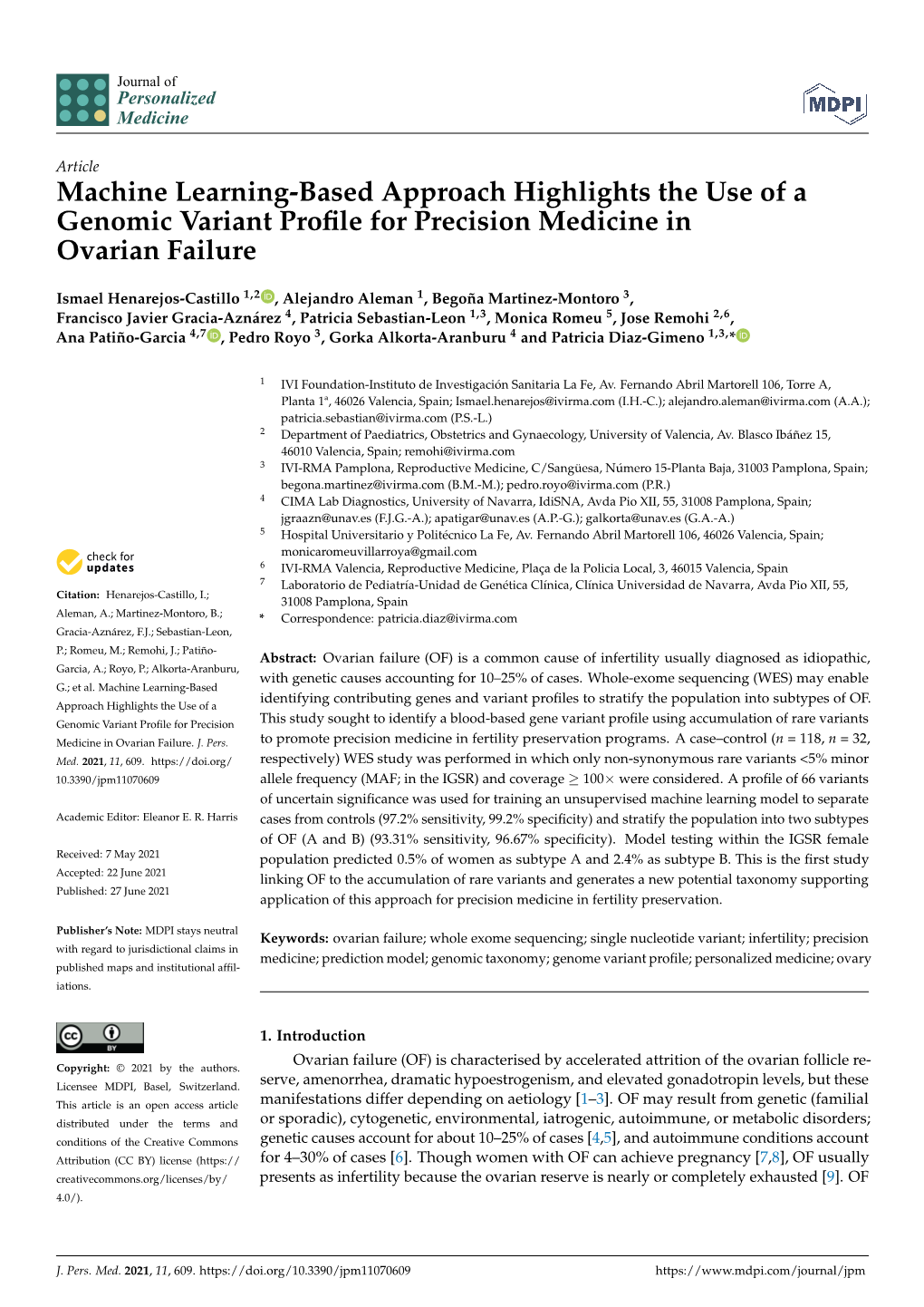 Machine Learning-Based Approach Highlights the Use of a Genomic Variant Proﬁle for Precision Medicine in Ovarian Failure